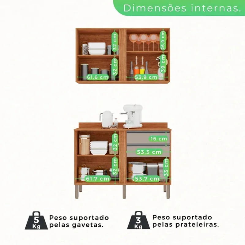 Balcão Pérola Cinamomo/Off 1.20m + Aéreo 2 Portas 1.20m Cinamomo/Off + Armário de Geladeira Pérola Cinamomo – Sallêto