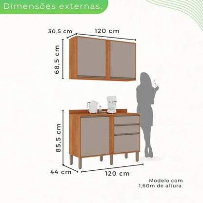 Balcão Pérola Cinamomo/Off 1.20m + Aéreo 2 Portas 1.20m Cinamomo/Off + Armário de Geladeira Pérola Cinamomo – Sallêto