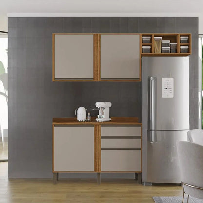 Balcão Pérola Cinamomo/Off 1.20m + Aéreo 2 Portas 1.20m Cinamomo/Off + Armário de Geladeira Pérola Cinamomo – Sallêto