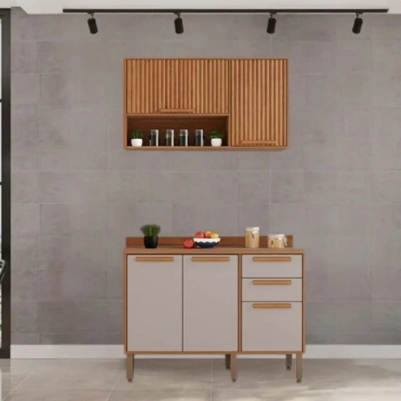 Balcão Flórida 3 Portas 2 Gavetas Larg. 1.20m + Armário Aéreo Florida 2 Portas Larg. 1.20m Ripado Cinamomo/Off – Sallêto