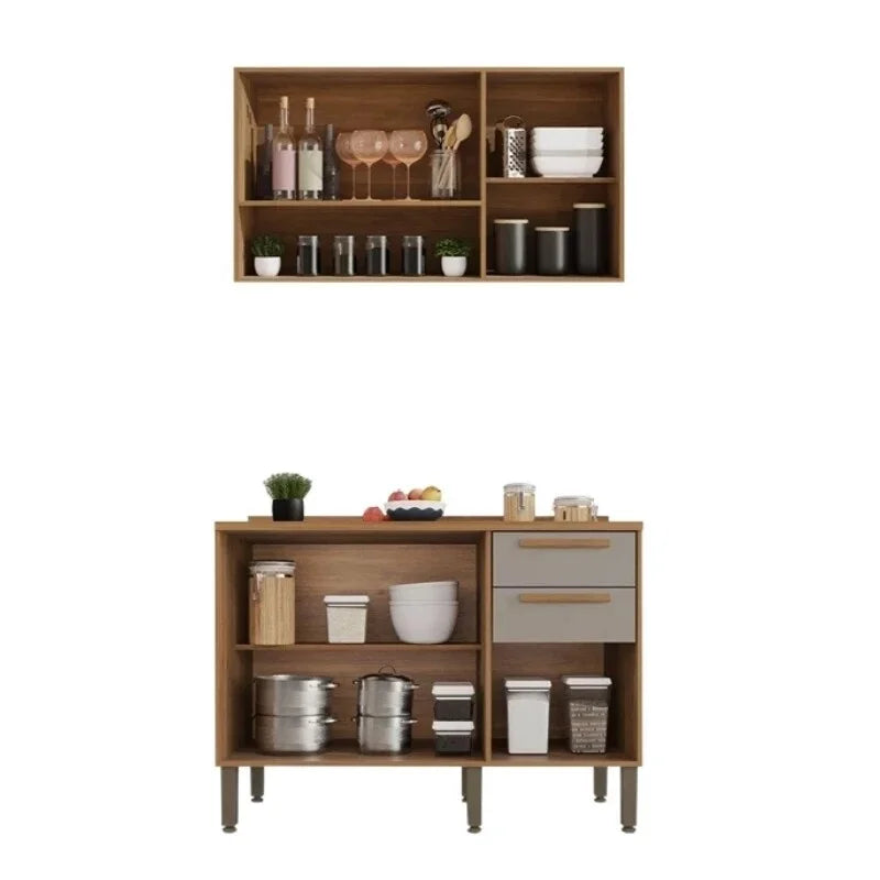 Balcão Flórida 3 Portas 2 Gavetas Larg. 1.20m + Armário Aéreo Florida 2 Portas Larg. 1.20m Ripado Cinamomo/Off – Sallêto