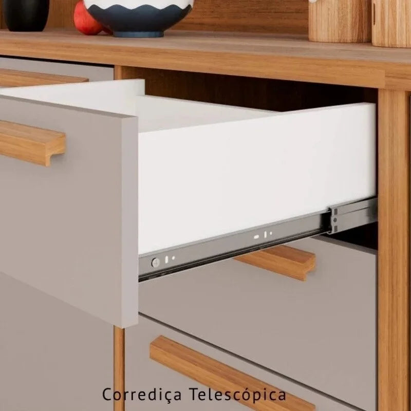 Balcão Flórida 3 Portas 2 Gavetas Larg. 1.20m + Armário Aéreo Florida 2 Portas Larg. 1.20m Ripado Cinamomo/Off – Sallêto