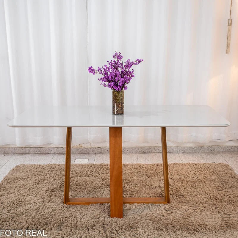 Mesa de Jantar Pedro 160×80 Vidro Off/Base Madeira + 6 Cad. Lisboa Veludo Prata 514 Madeira Art Assento – Entregue Montada