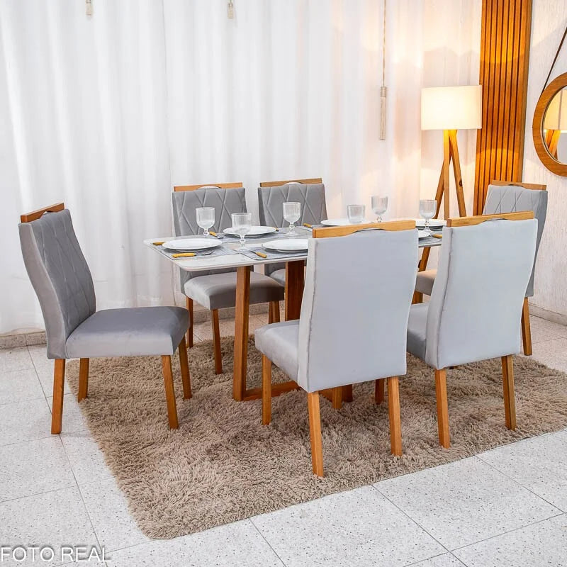 Mesa de Jantar Pedro 160×80 Vidro Off/Base Madeira + 6 Cad. Lisboa Veludo Prata 514 Madeira Art Assento – Entregue Montada