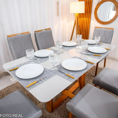 Mesa de Jantar Pedro 160×80 Vidro Off/Base Madeira + 6 Cad. Lisboa Veludo Prata 514 Madeira Art Assento – Entregue Montada