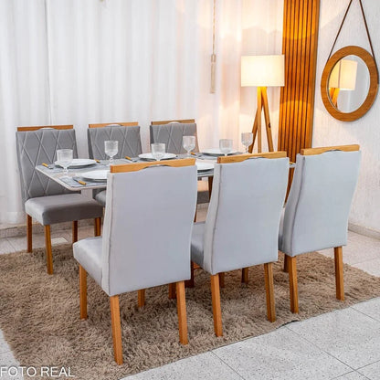 Mesa de Jantar Pedro 160×80 Vidro Off/Base Madeira + 6 Cad. Lisboa Veludo Prata 514 Madeira Art Assento – Entregue Montada