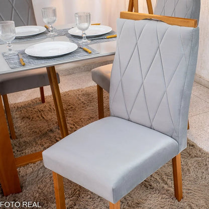 Mesa de Jantar Pedro 160×80 Vidro Off/Base Madeira + 6 Cad. Lisboa Veludo Prata 514 Madeira Art Assento – Entregue Montada