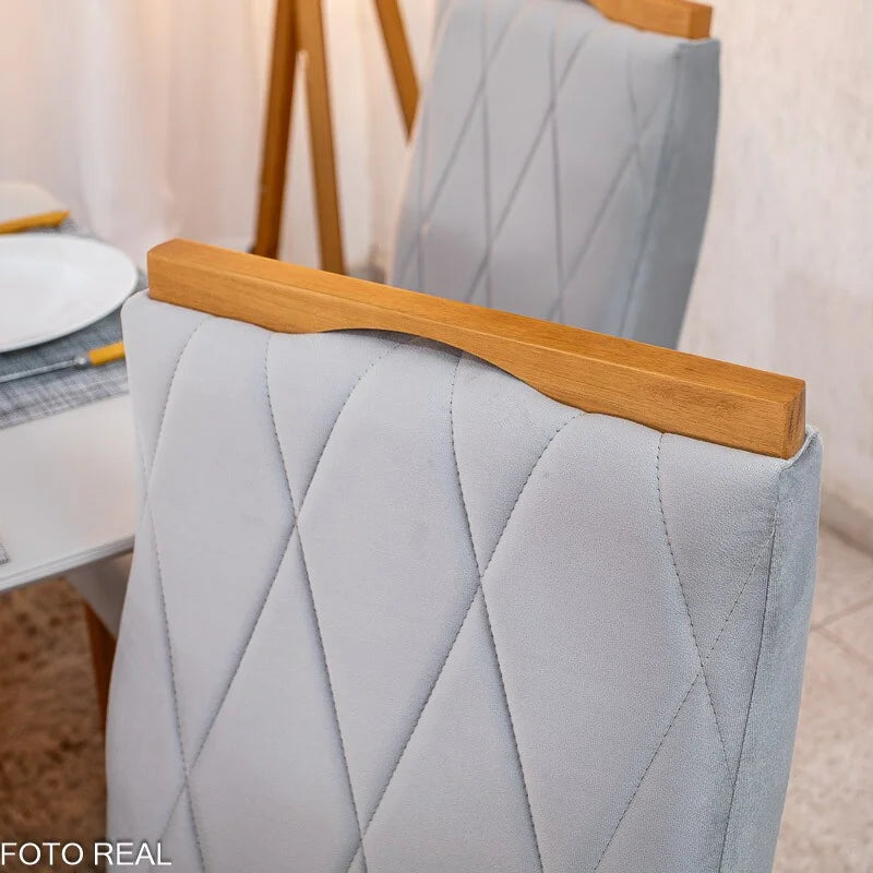 Mesa de Jantar Pedro 160×80 Vidro Off/Base Madeira + 6 Cad. Lisboa Veludo Prata 514 Madeira Art Assento – Entregue Montada