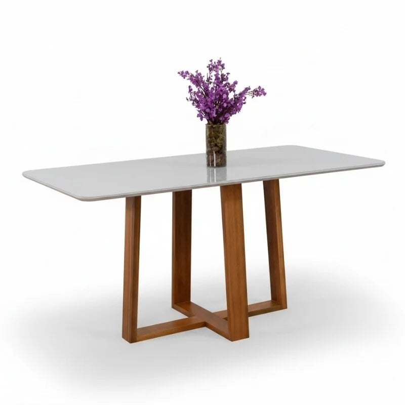 Mesa de Jantar Pedro 160×80 Vidro Off/Base Madeira + 6 Cad. Lisboa Veludo Prata 514 Madeira Art Assento – Entregue Montada