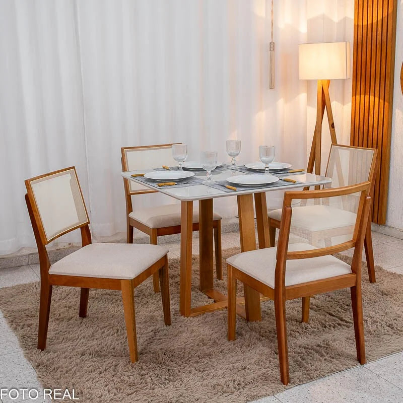 Mesa de Jantar Pedro 90×90 Vidro Off/Base Madeira + 4 Cad. Dubai Linho Bege 629 Madeira Maciça – Art Assento