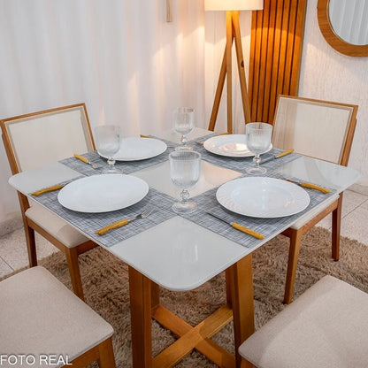 Mesa de Jantar Pedro 90×90 Vidro Off/Base Madeira + 4 Cad. Dubai Linho Bege 629 Madeira Maciça – Art Assento