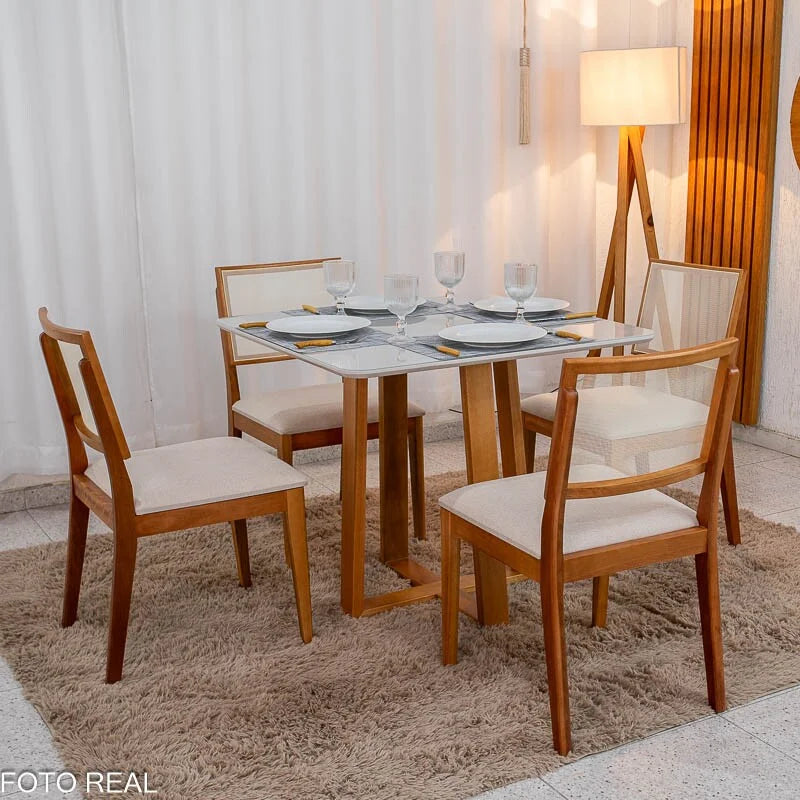 Mesa de Jantar Pedro 90×90 Vidro Off/Base Madeira + 4 Cad. Dubai Linho Bege 629 Madeira Maciça – Art Assento