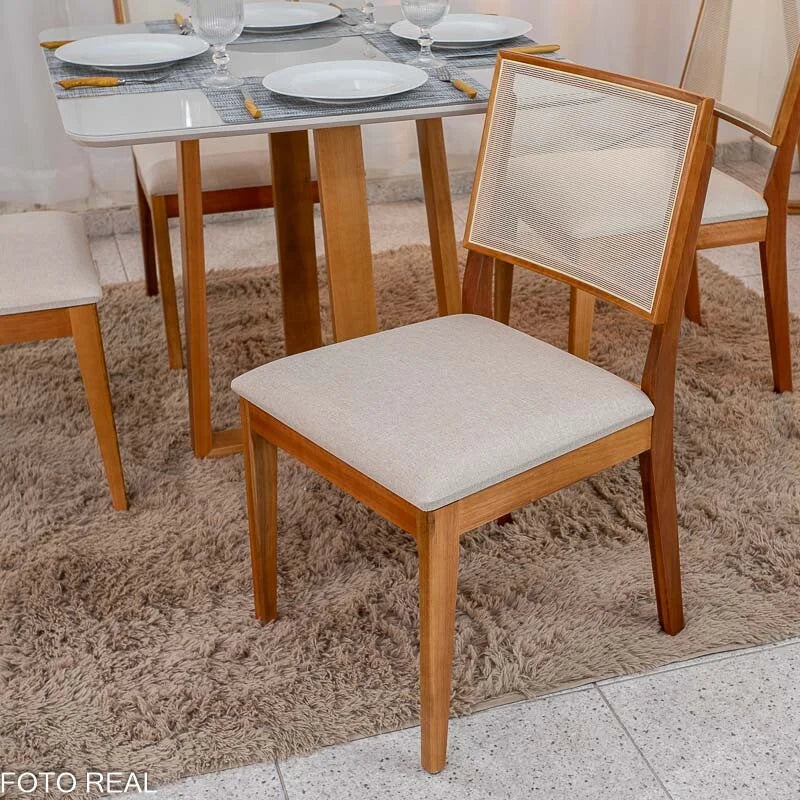 Mesa de Jantar Pedro 90×90 Vidro Off/Base Madeira + 4 Cad. Dubai Linho Bege 629 Madeira Maciça – Art Assento