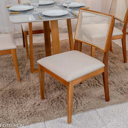 Mesa de Jantar Pedro 90×90 Vidro Off/Base Madeira + 4 Cad. Dubai Linho Bege 629 Madeira Maciça – Art Assento