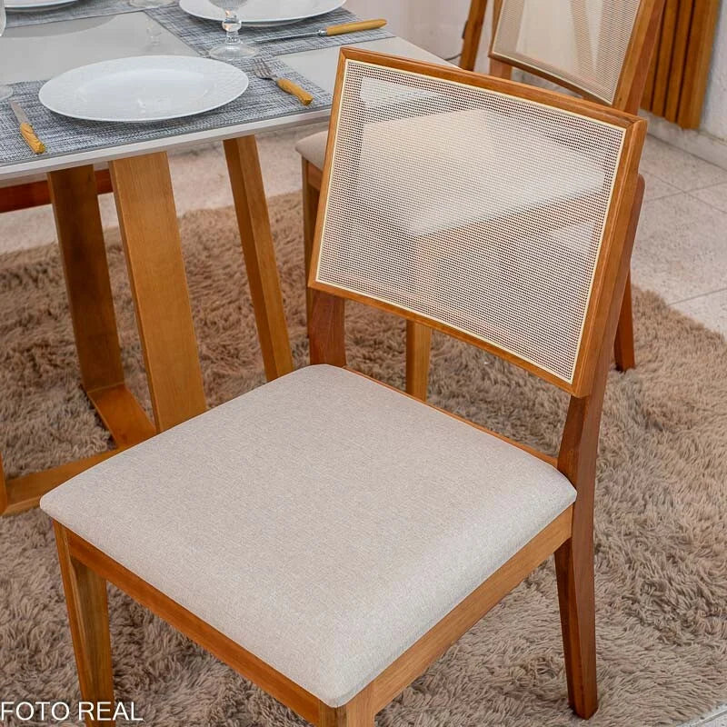 Mesa de Jantar Pedro 90×90 Vidro Off/Base Madeira + 4 Cad. Dubai Linho Bege 629 Madeira Maciça – Art Assento