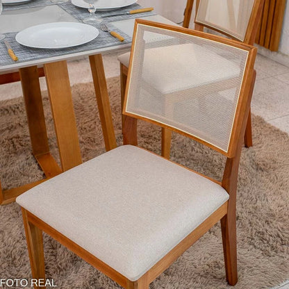 Mesa de Jantar Pedro 90×90 Vidro Off/Base Madeira + 4 Cad. Dubai Linho Bege 629 Madeira Maciça – Art Assento