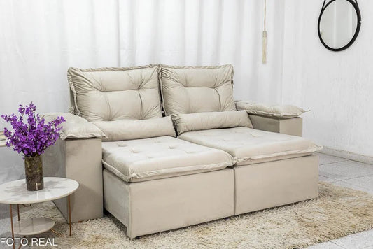 Sofá Retrátil Reclinável Grécia 2.00m Veludo Bege – Sem caixa