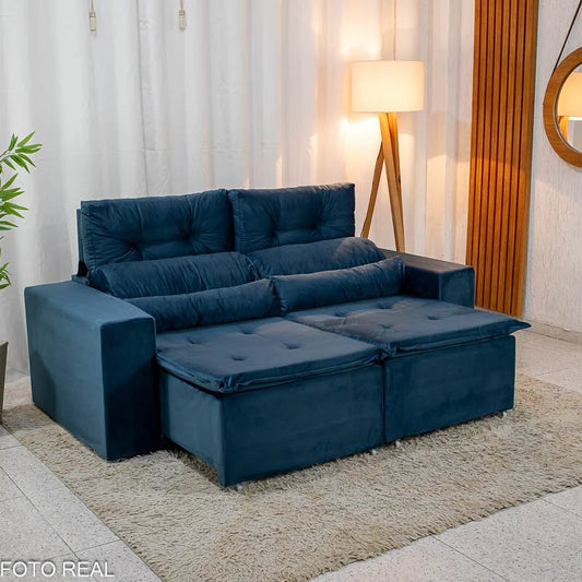 Sofá Retrátil Reclinável Bia 1.95m Veludo Azul – D28
