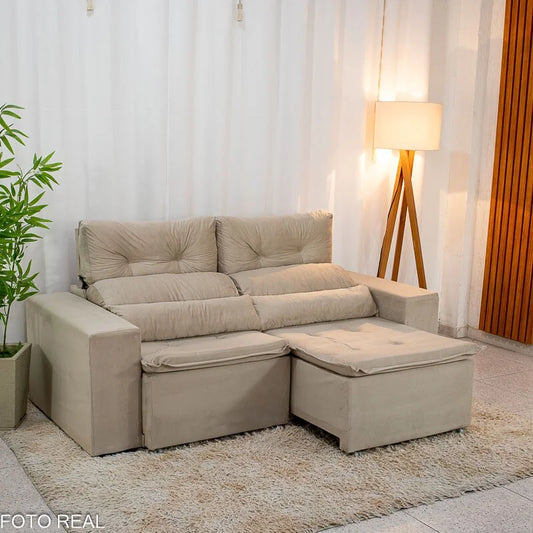Sofá Retrátil Reclinável Bia 1.95m Veludo Bege – D28