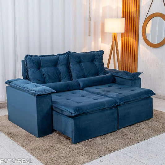 Sofá Retrátil Reclinável Grécia 2.00m Veludo Azul – Sem caixa