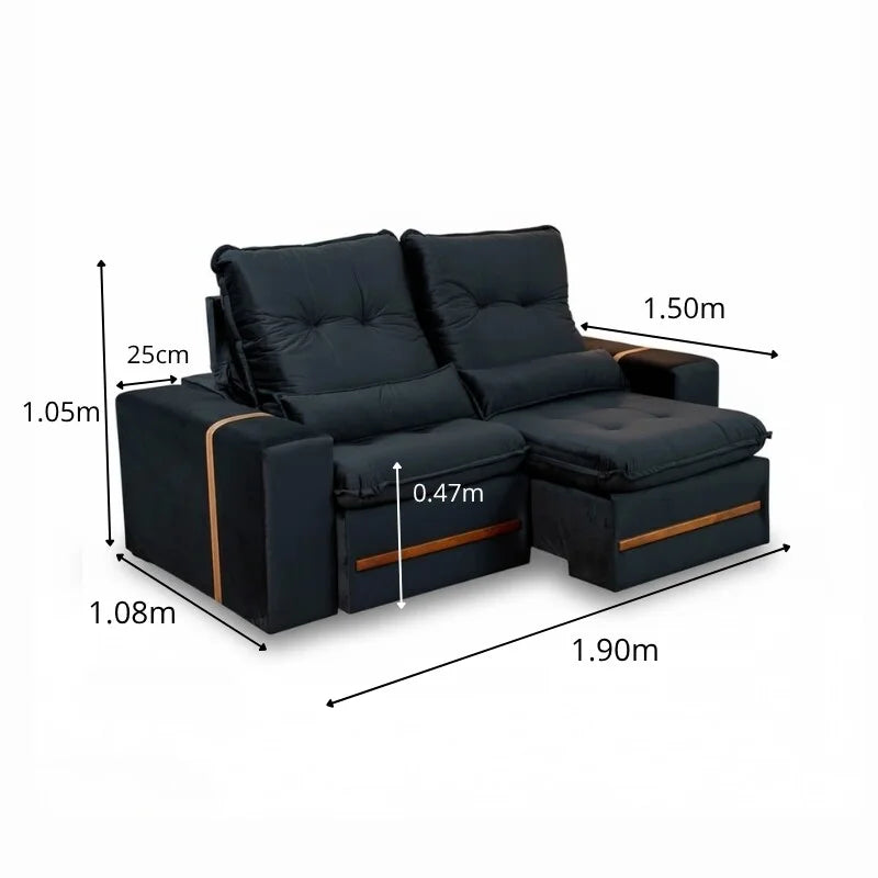 Sofá Retrátil Reclinável Montreal 1.90m Veludo Preto – D33