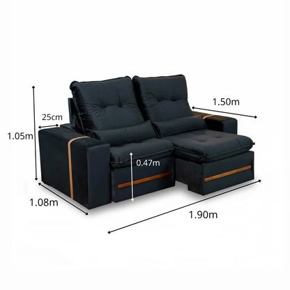 Sofá Retrátil Reclinável Montreal 1.90m Veludo Preto – D33