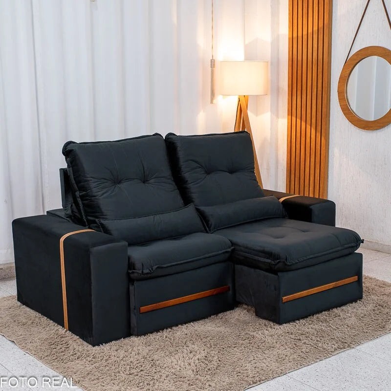 Sofá Retrátil Reclinável Montreal 1.90m Veludo Preto – D33
