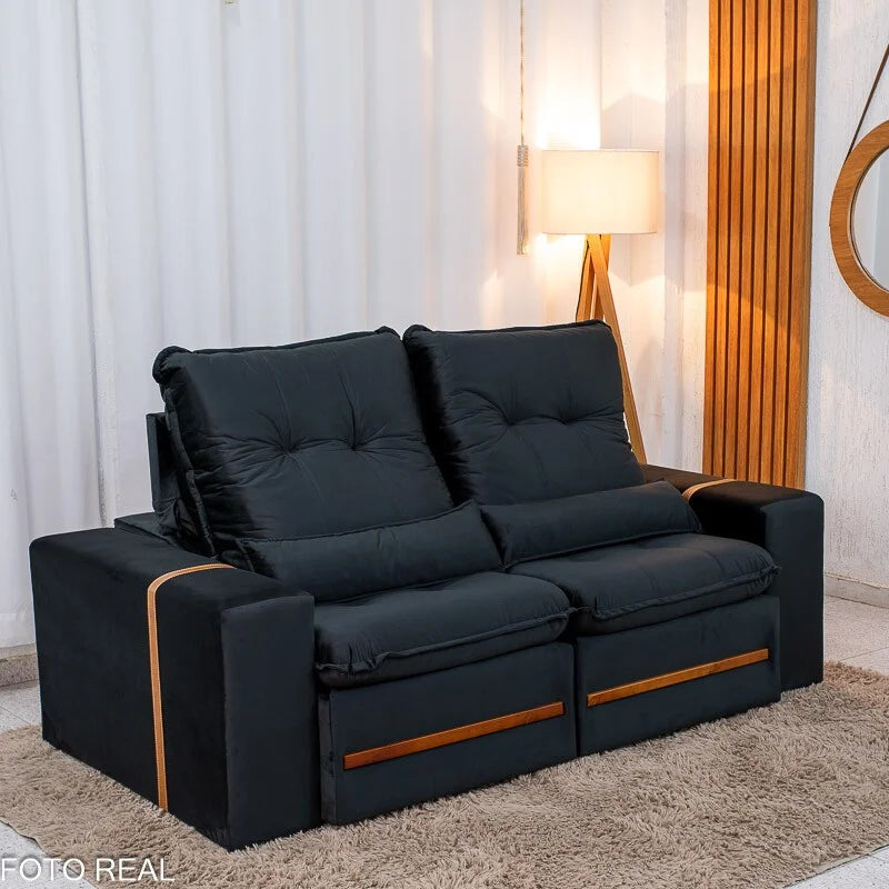 Sofá Retrátil Reclinável Montreal 1.90m Veludo Preto – D33