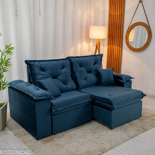 Sofá Retrátil Reclinável Porto Madri 2.00m Veludo Azul – D28 Pró Aditivada