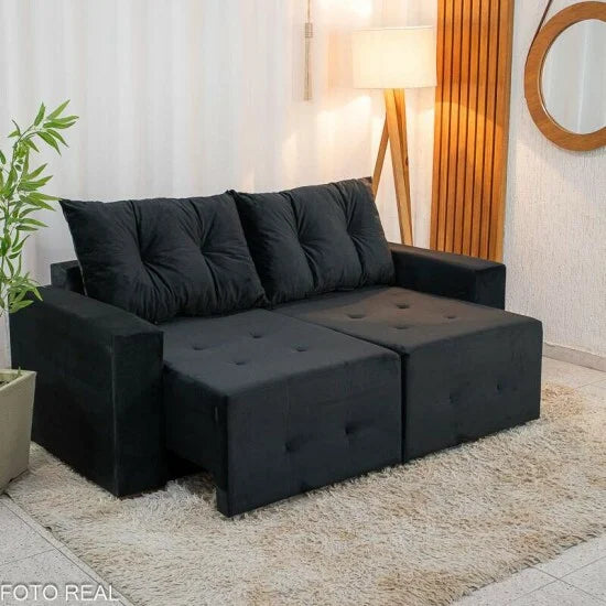 Sofá Retrátil Havaí 1.80m Veludo Preto – Sem Caixa