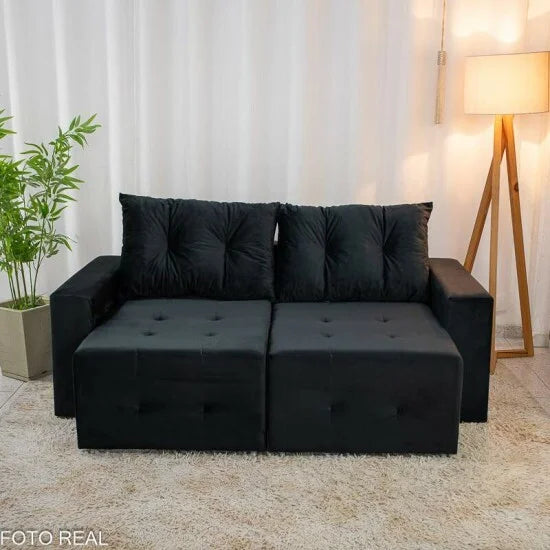 Sofá Retrátil Havaí 1.80m Veludo Preto – Sem Caixa