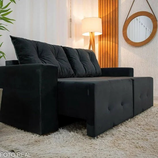 Sofá Retrátil Havaí 1.80m Veludo Preto – Sem Caixa