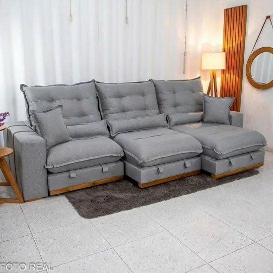 Sofá Retrátil Reclinável Mônaco 3.20m Linho Cinza A59 – Molas Ensacadas