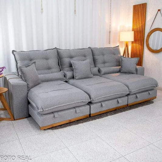Sofá Retrátil Reclinável Mônaco 3.20m Linho Cinza A59 – Molas Ensacadas