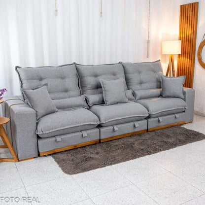 Sofá Retrátil Reclinável Mônaco 3.20m Linho Cinza A59 – Molas Ensacadas